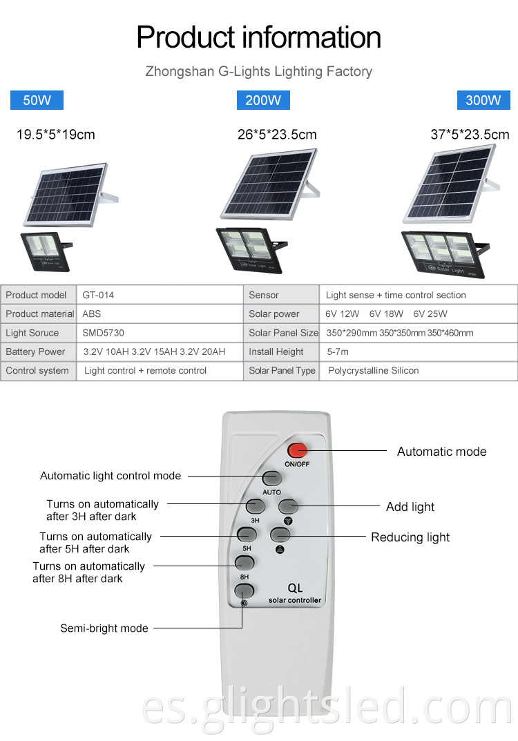 Control remoto al aire libre ip66 impermeable 50 vatios 200 vatios 300 vatios led luces de inundación solares